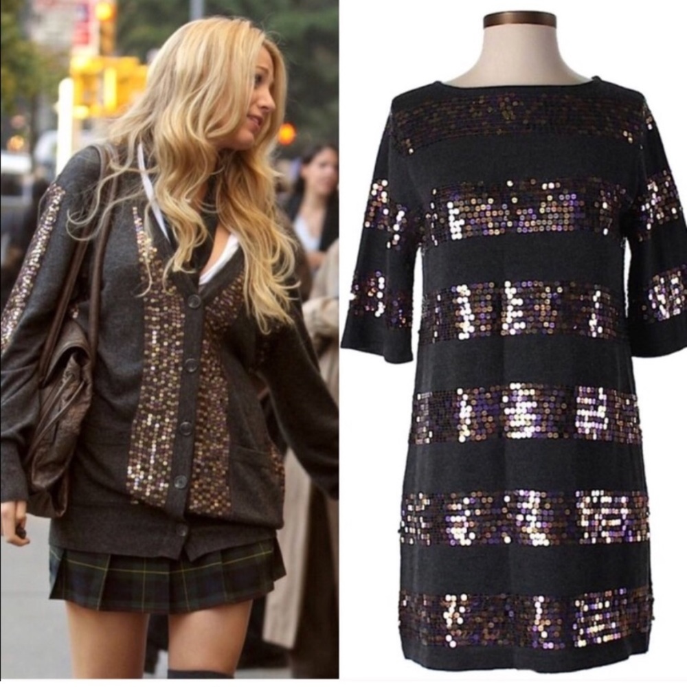 Nanette Lepore sequin sweater dress metallic Gossip Girl Serena gold black grey